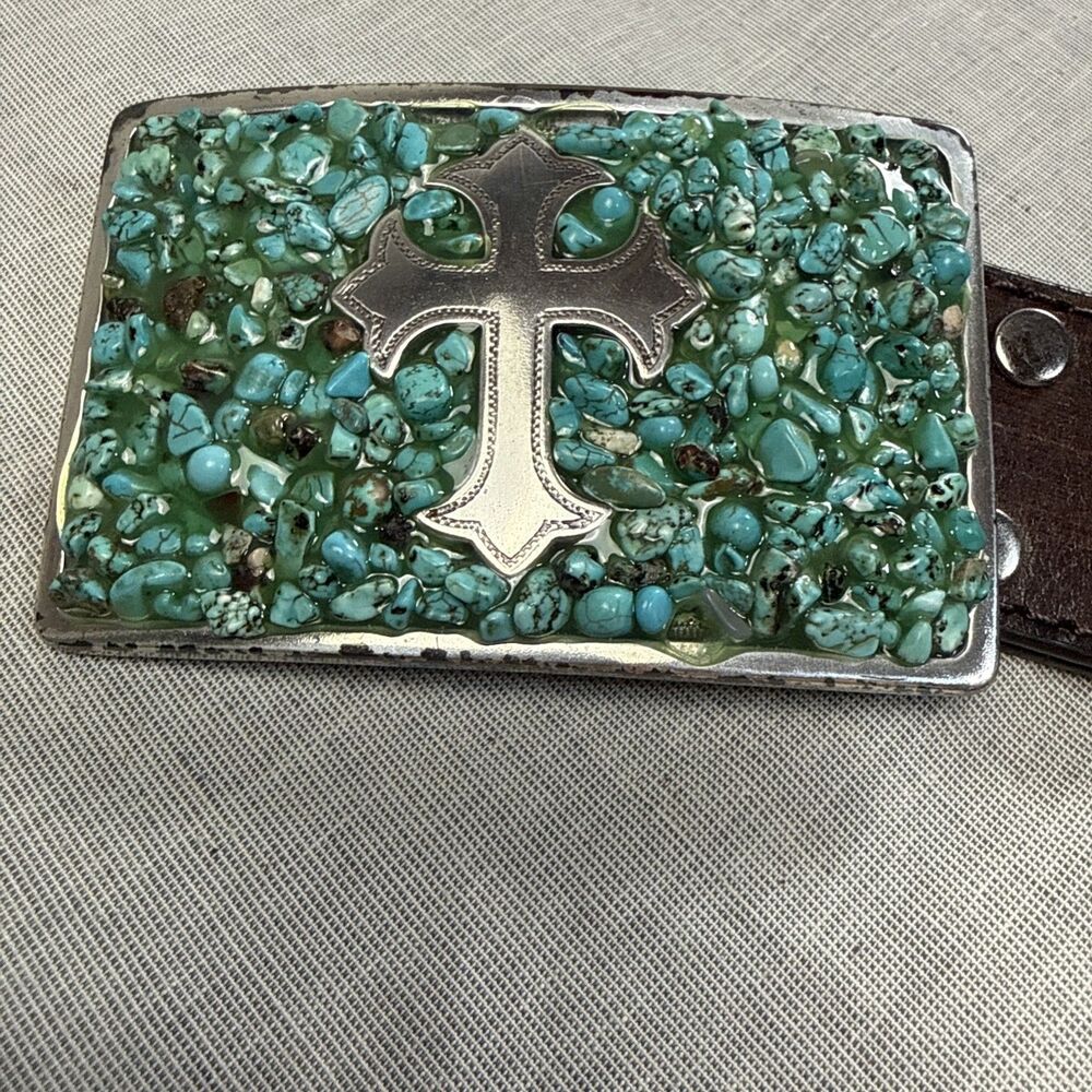 Nocona Belt Co Turquoise Chip Inlay Cross Western Belt Buckle Silver Tone XL